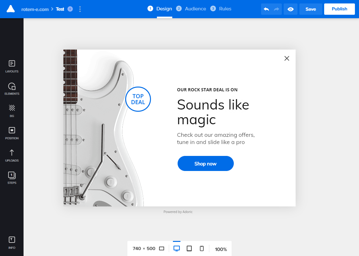 Adoric editor with a Sounds like magic popup laid out over a guitar photo and a Shop now button