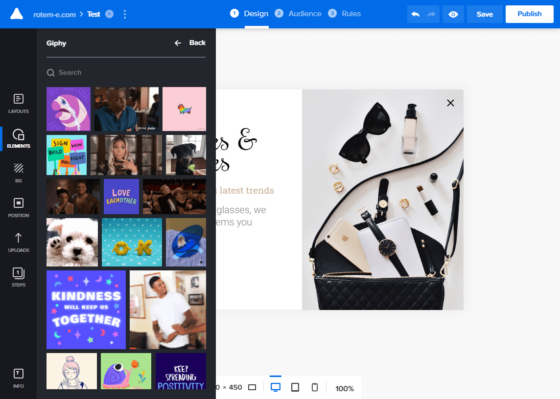 Giphy picker open in the Adoric editor, choosing an animation for a fashion accessories popup