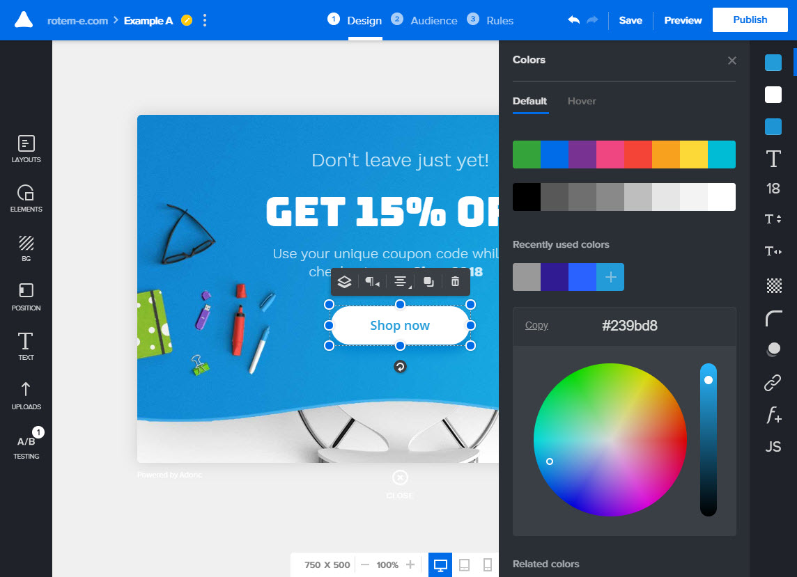 Color picker open in the Adoric editor, recoloring the Shop now button on a Get 15% off popup