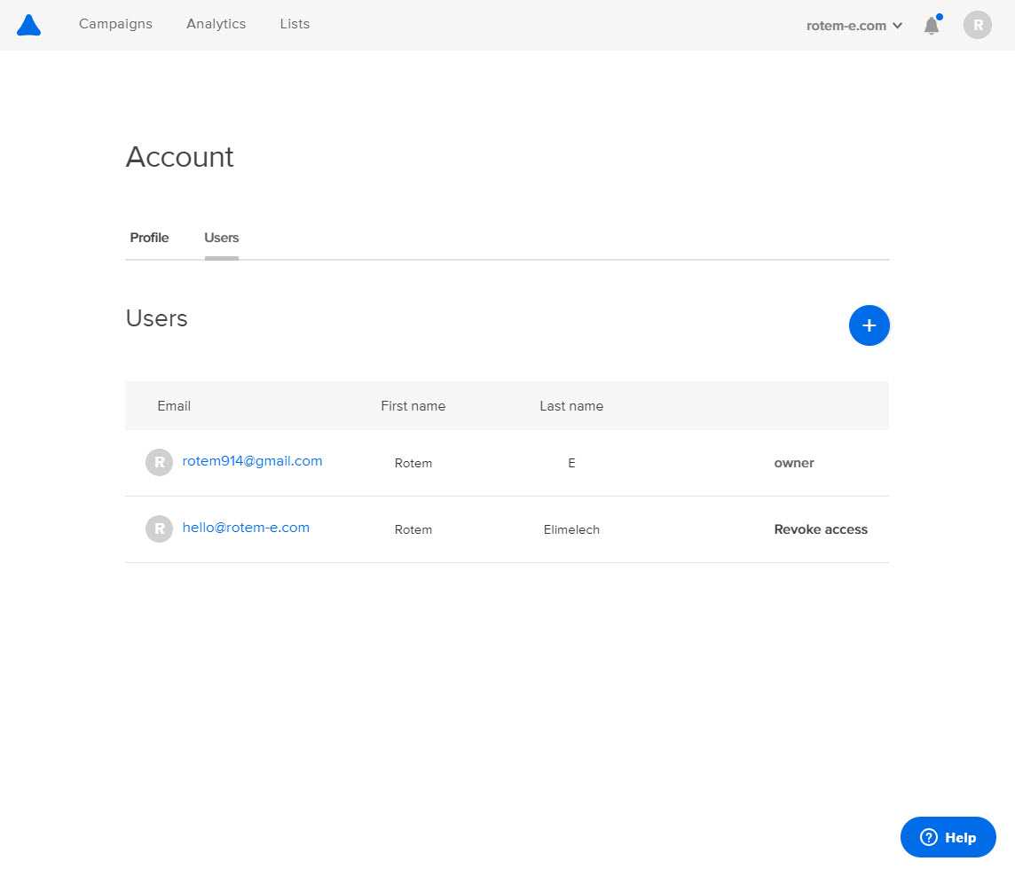 Adoric account Users tab listing team members with owner and revoke access permissions