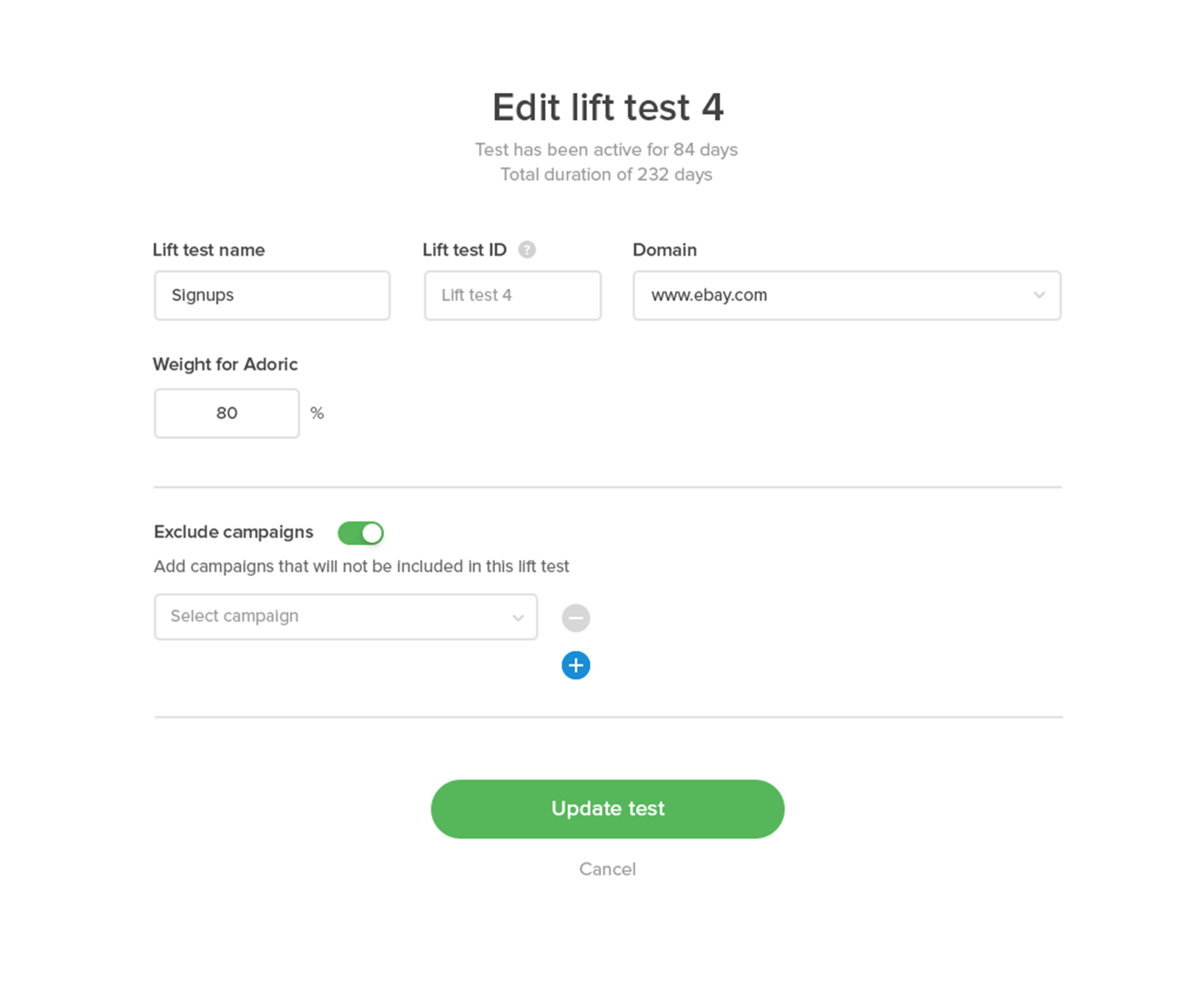 Edit lift test screen in Adoric setting weight percentage, domain and excluded campaigns