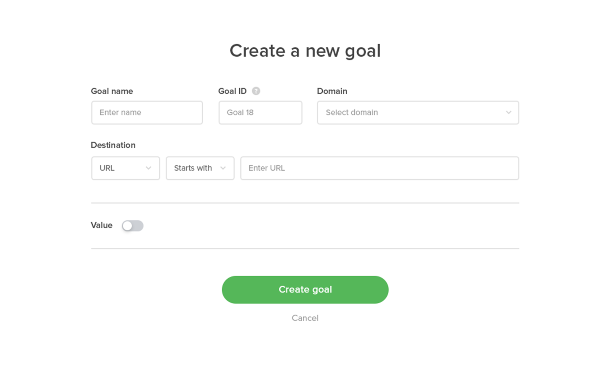 Create a new goal form in Adoric with destination URL rule and value toggle