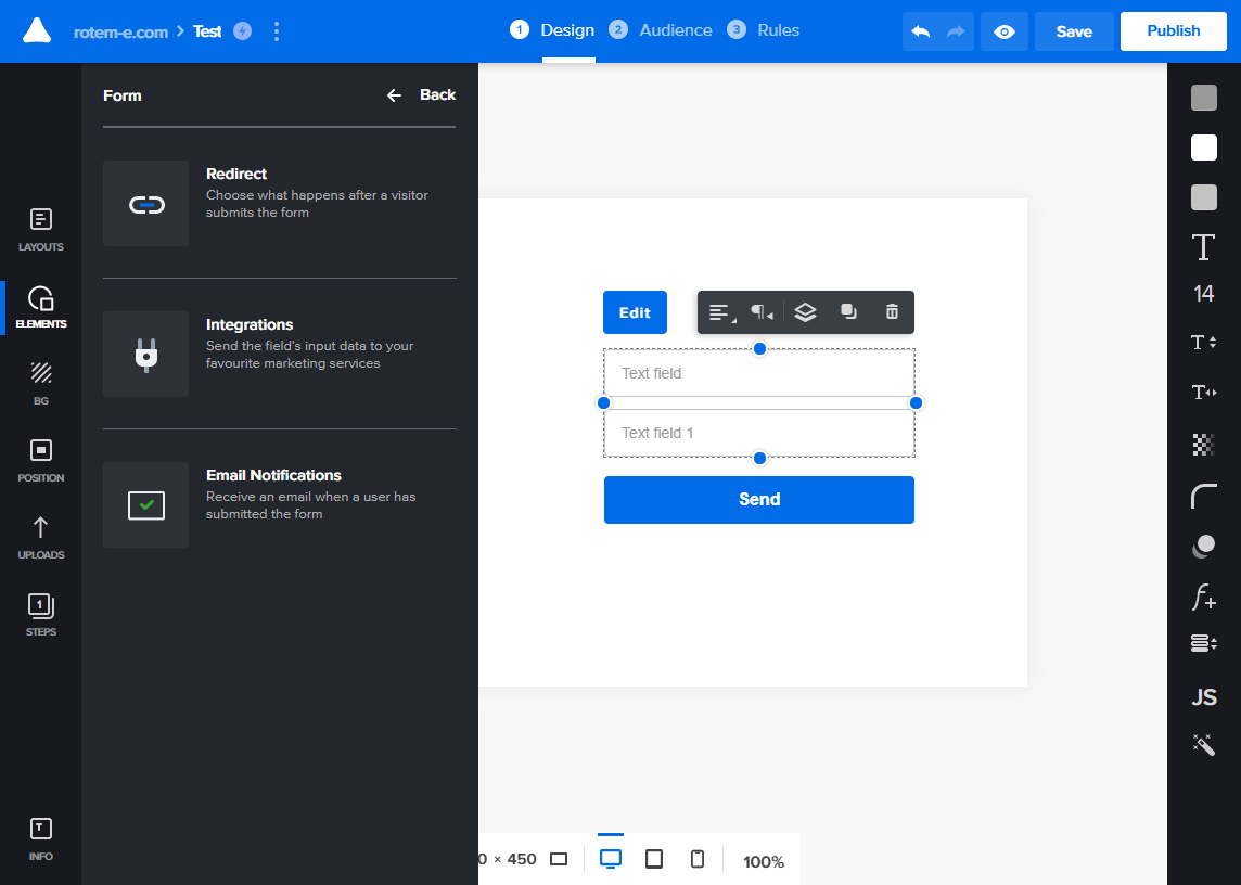Form settings in the Adoric editor, with redirect, integrations and email notification options beside a two-field form