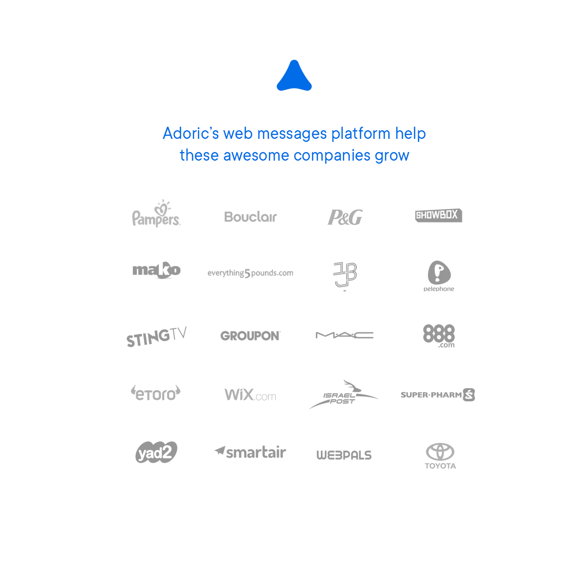 Wall of Adoric client logos including Toyota, P&G, Wix, Groupon, MAC, eToro, Pampers and Israel Post