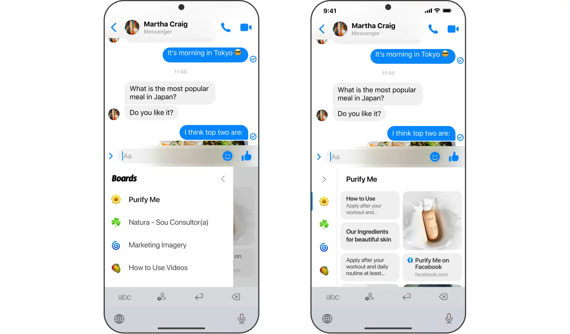 Boards keyboard inside a Messenger chat giving salesmen company content at their fingertips