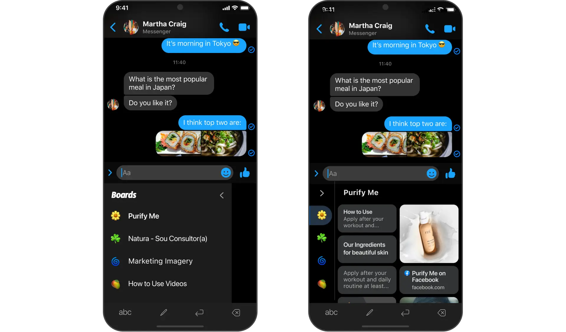 Dark mode Messenger chat with the Boards content keyboard open on two screens