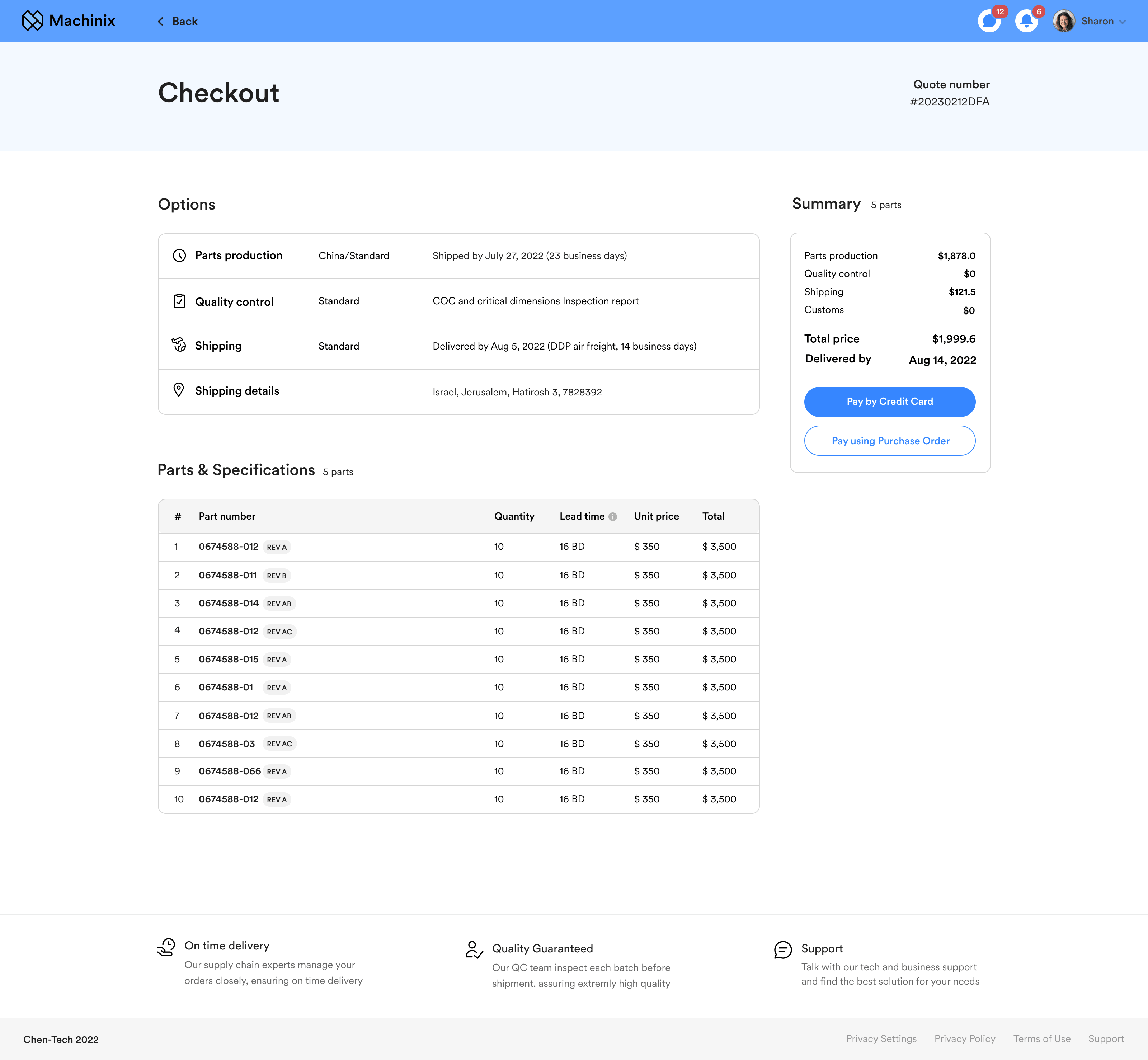 Machinix checkout screen with order summary, parts table and payment options