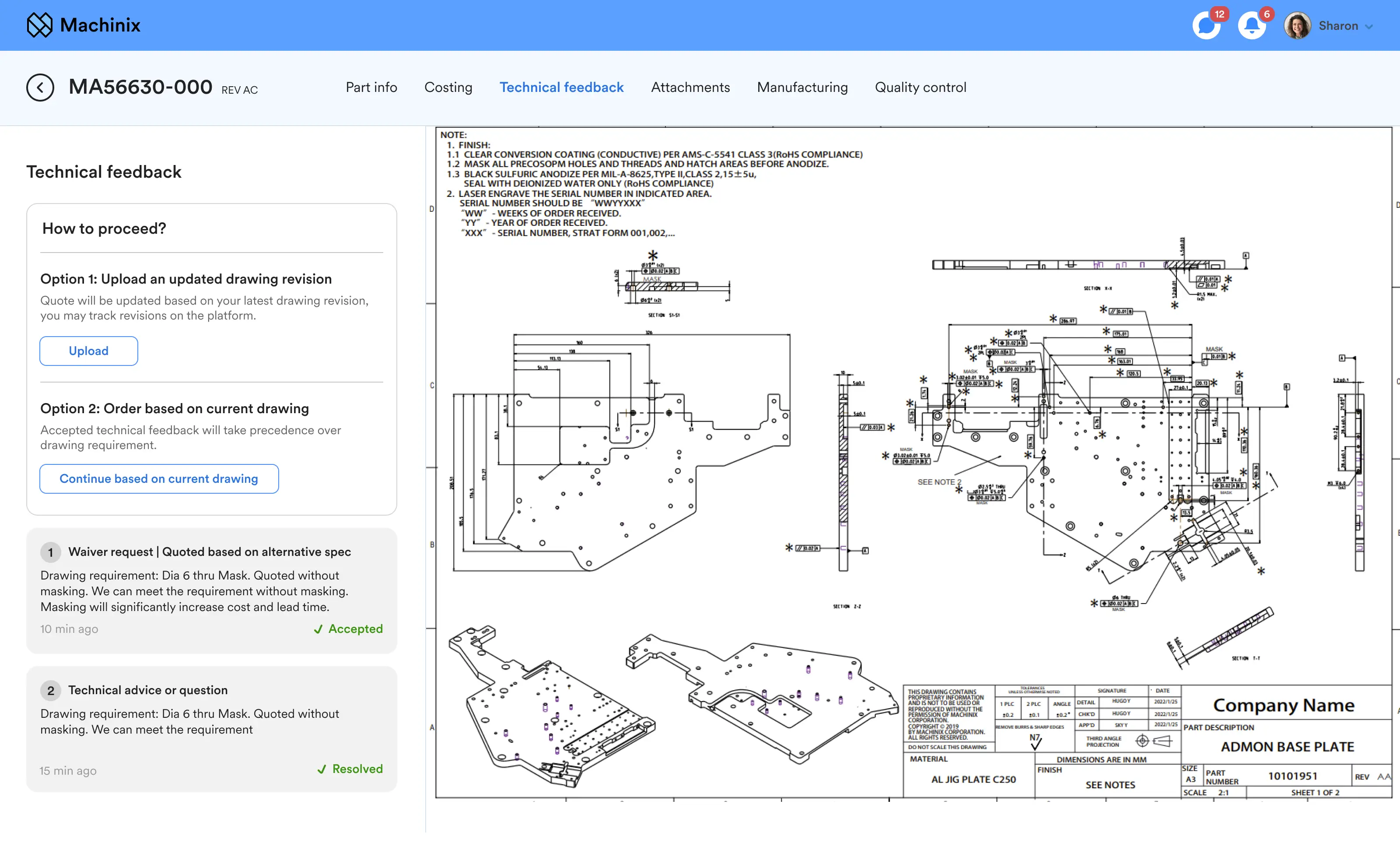 Technical feedback screen in Machinix with an accepted waiver request beside an engineering drawing