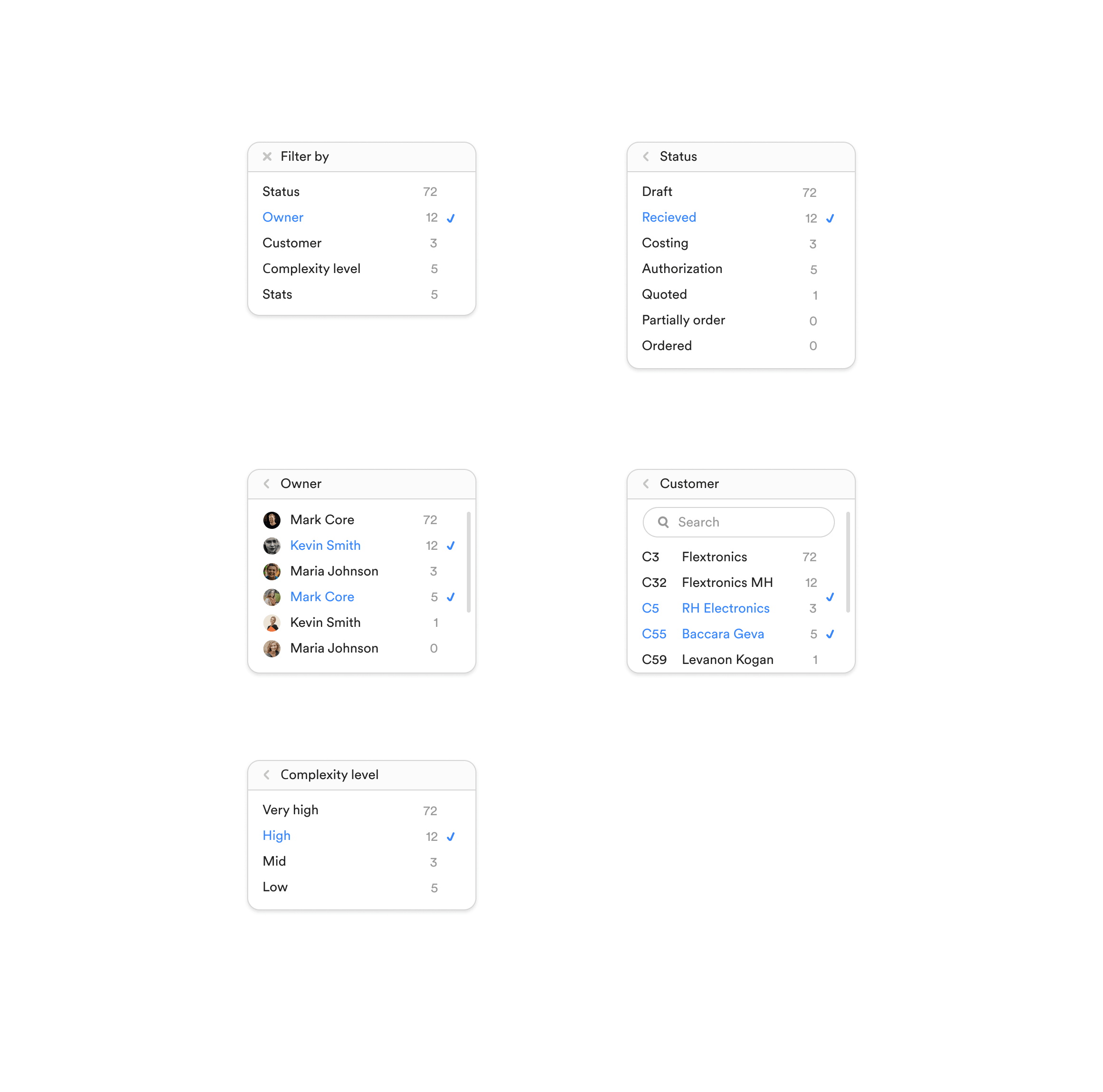 The same Machinix filter menus with selections applied, checked owners, customers and complexity levels marked in blue