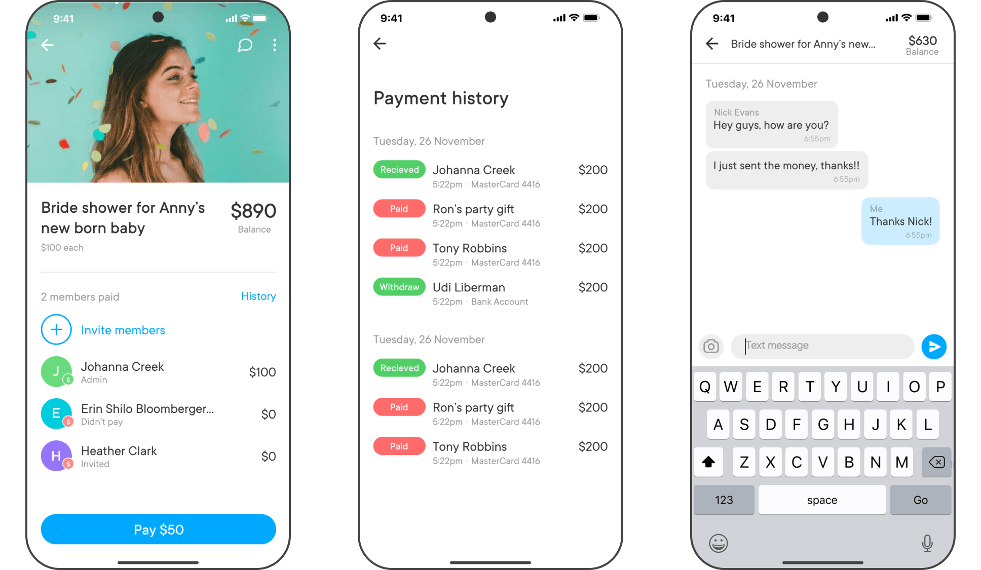 Three PayK app screens showing group money collecting, payment history and group chat