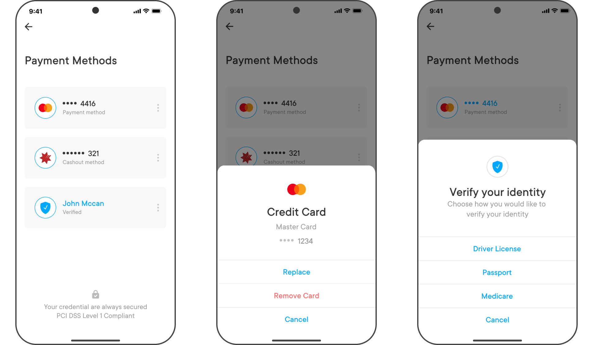 PayK payment methods screens with credit card options and identity verification choices