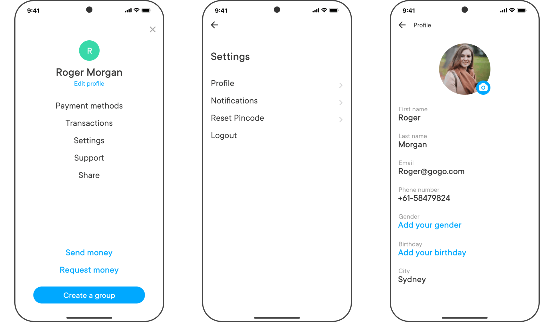 PayK menu and settings screens with account options and user profile details