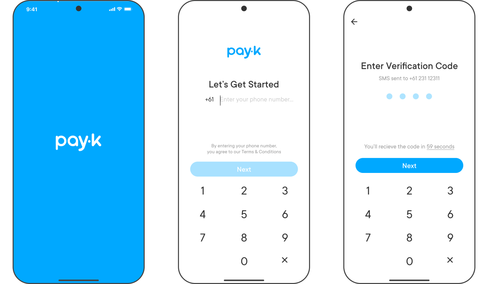 PayK sign up and verification with splash screen, phone number entry and SMS code