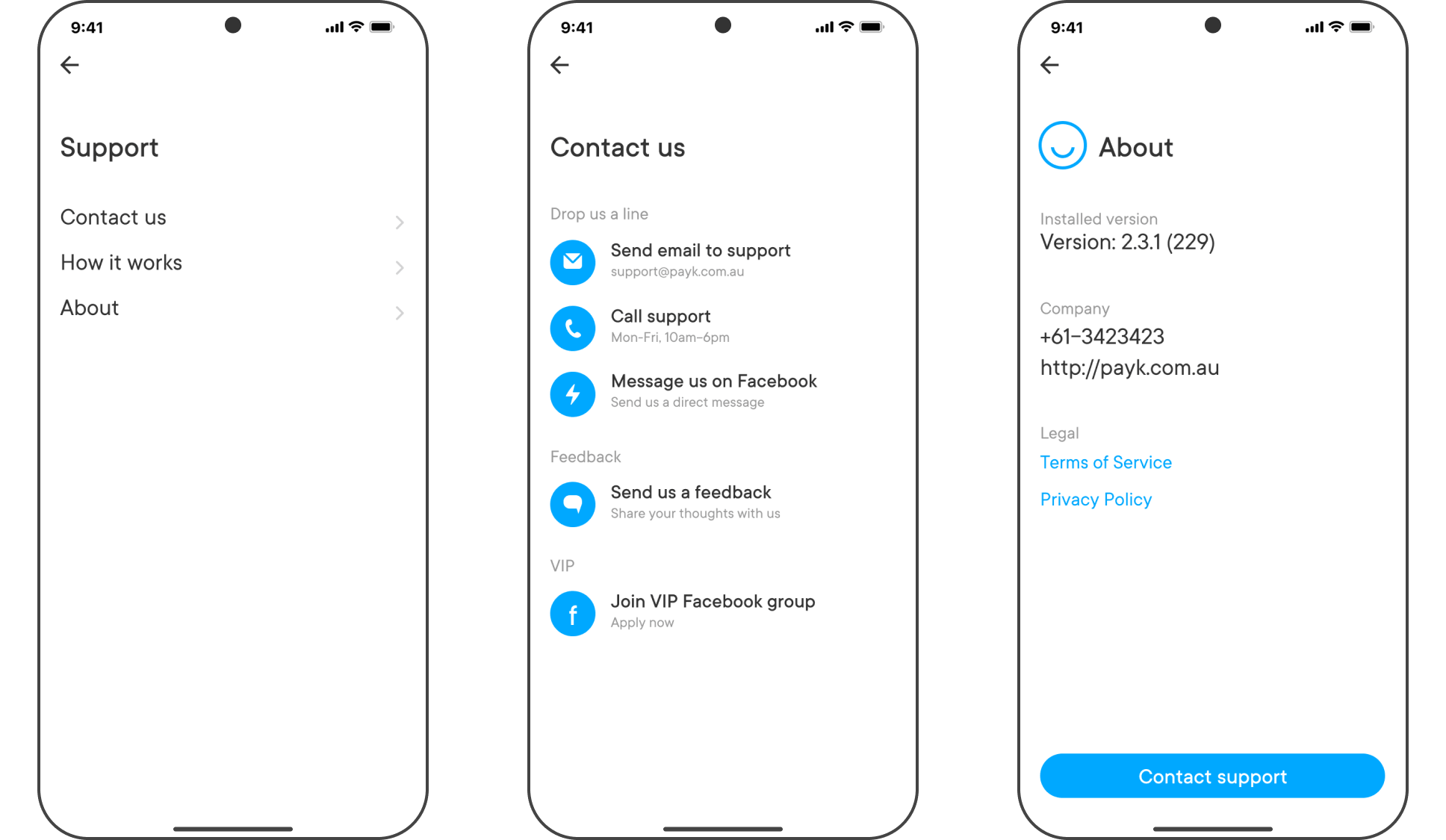 PayK support and contact screens with help options, feedback and app info