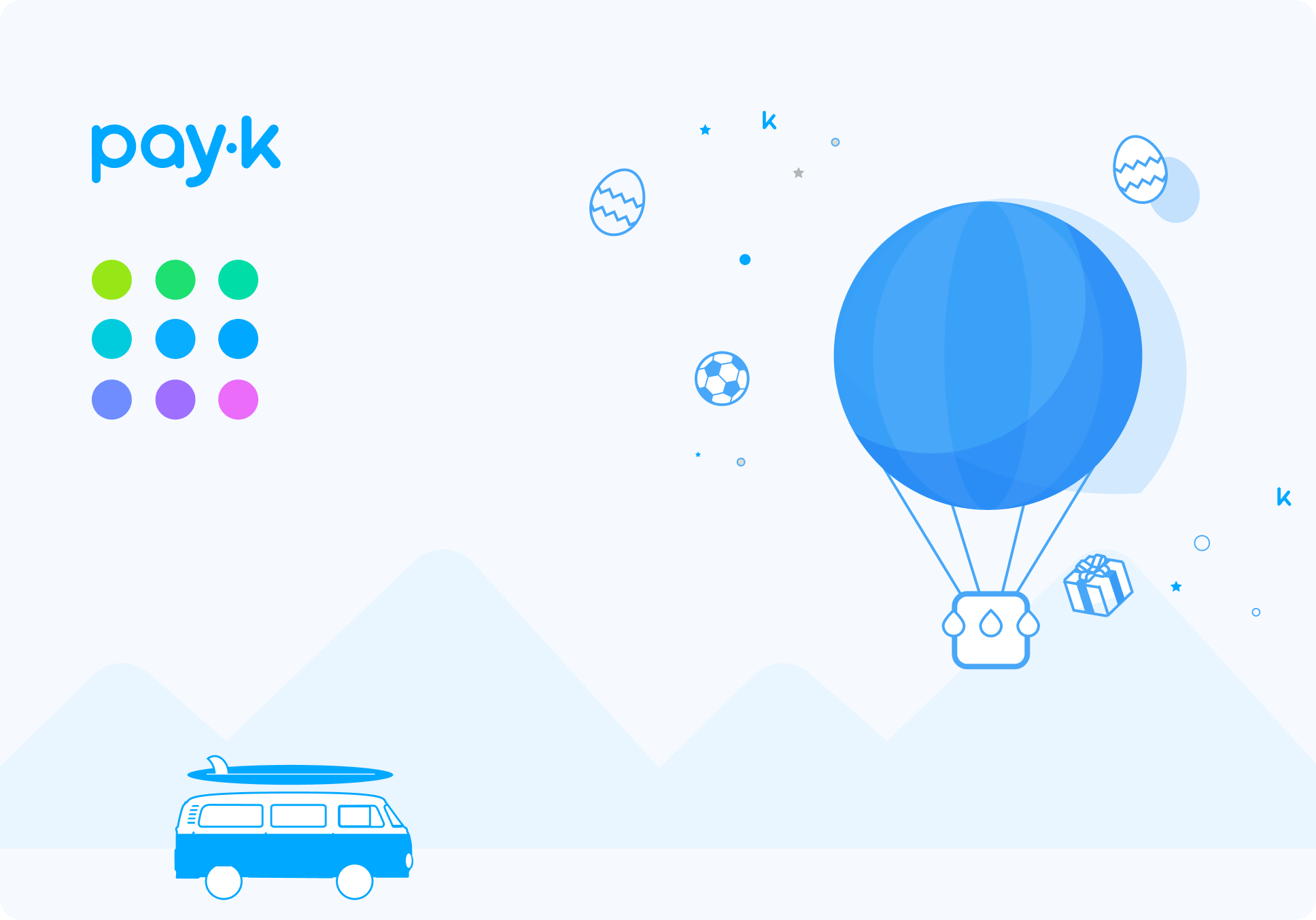 PayK branding board with logo, color palette and playful illustrations