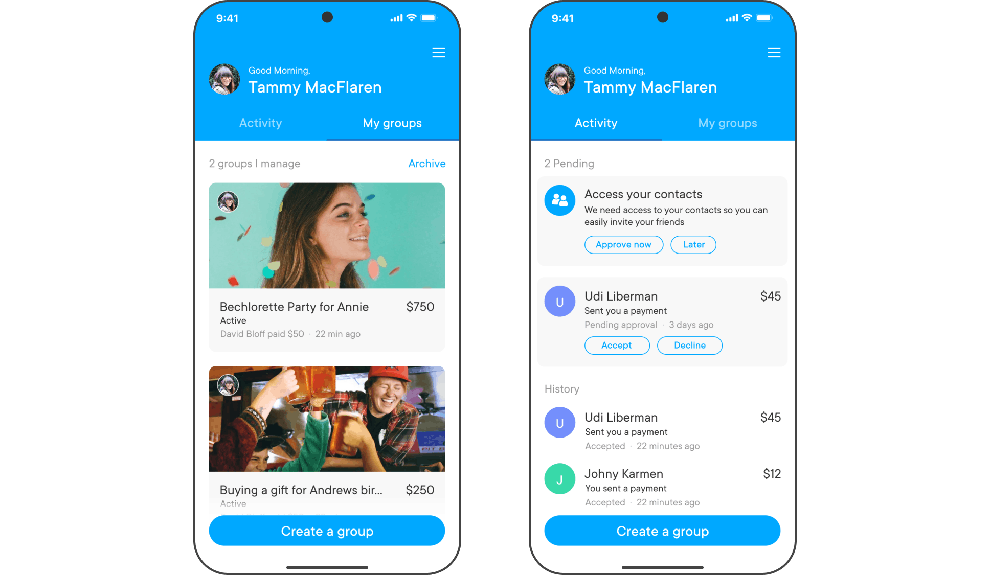 PayK home screens with My groups list and Activity feed of pending payments
