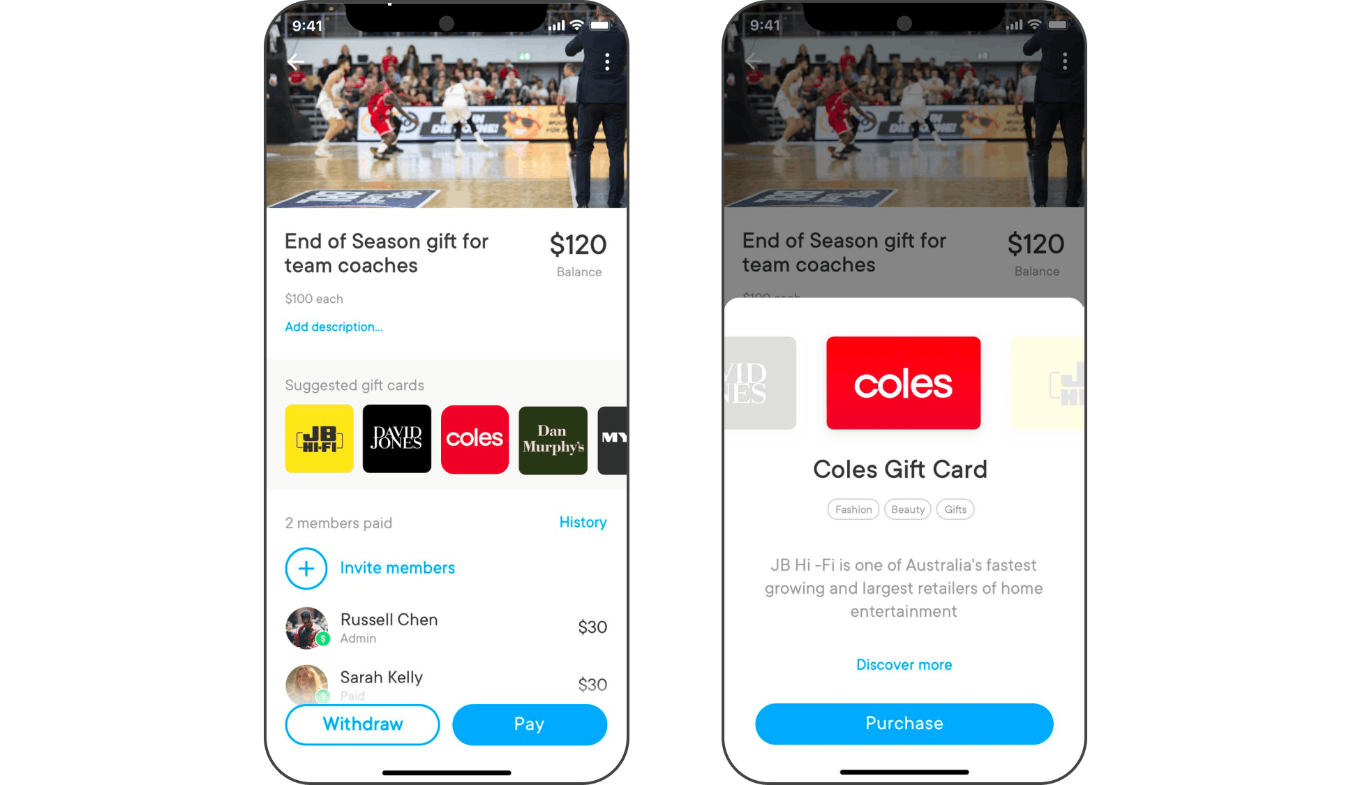 Integrated gift cards in PayK with suggested brands and Coles card purchase sheet