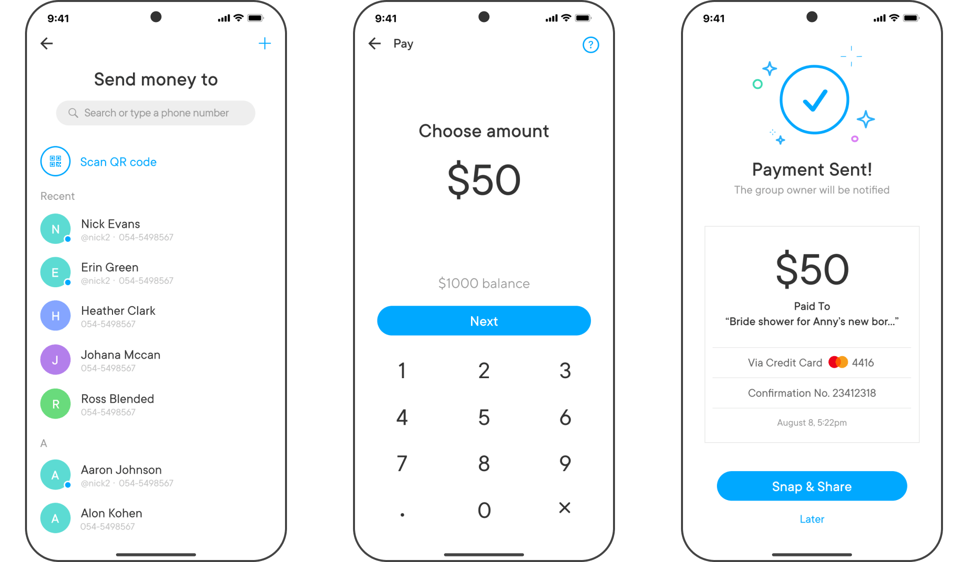 PayK send money flow with contact picker, amount keypad and payment sent confirmation