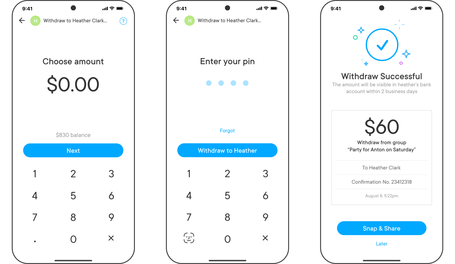 PayK withdraw to bank account flow with amount, PIN entry and success screen