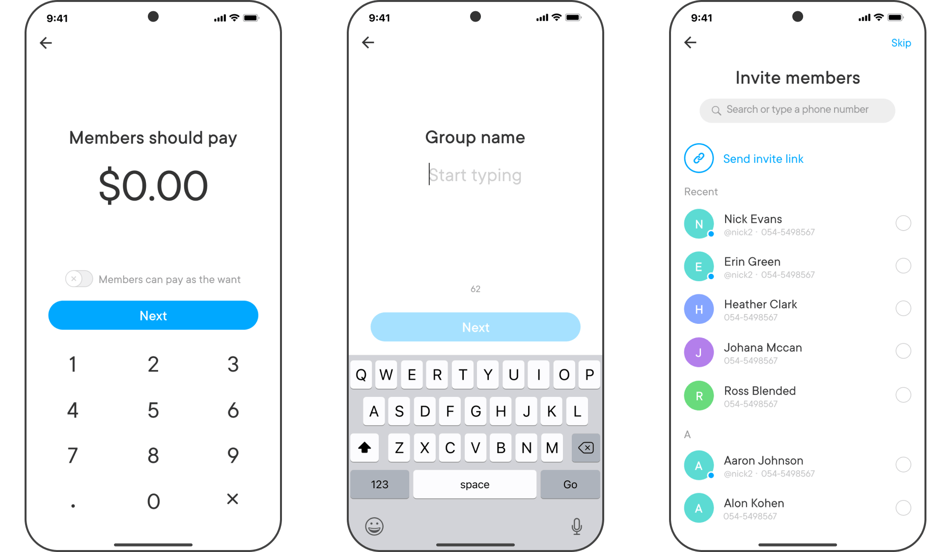 Creating a new PayK group with payment amount, group name and member invites
