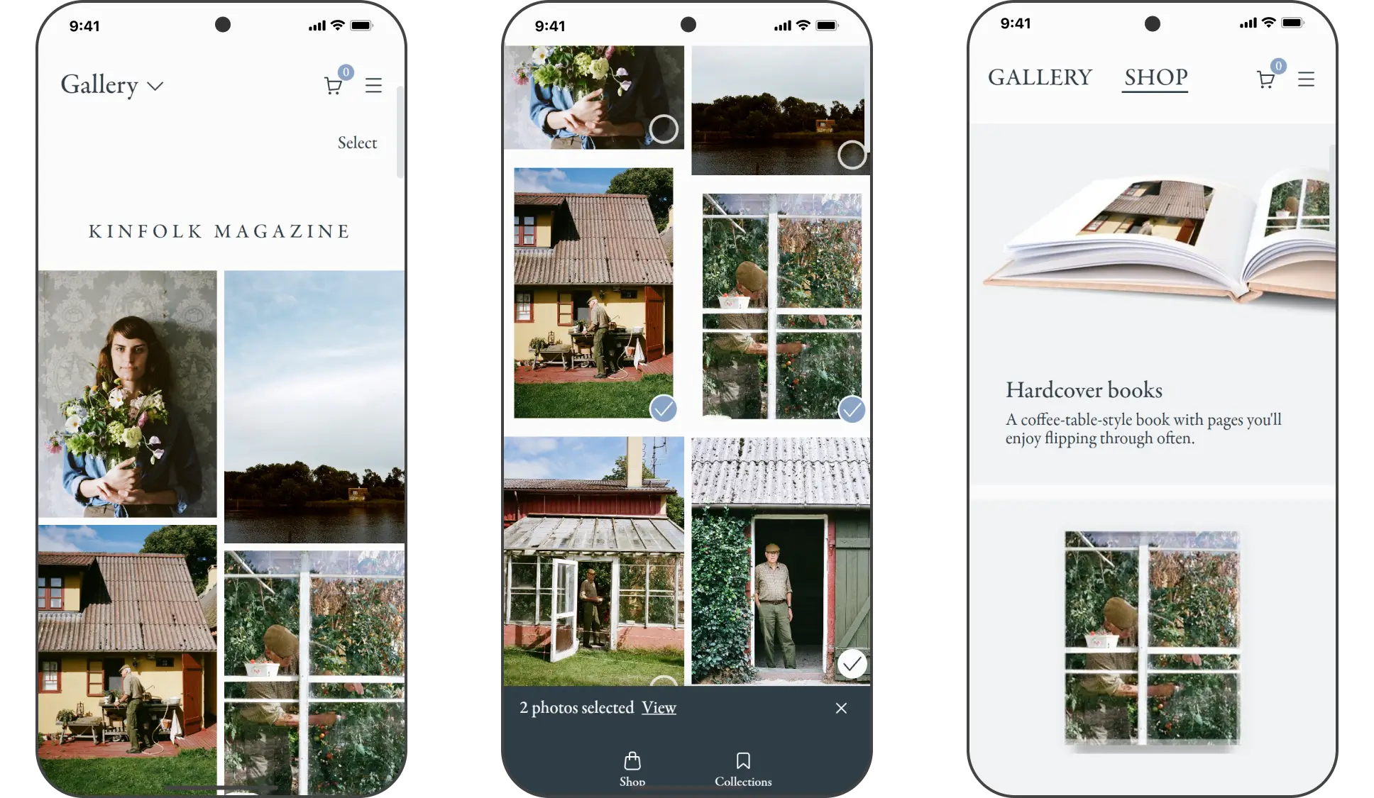 Three Pic-time mobile screens: gallery, photo multi-select bar and the Hardcover books shop