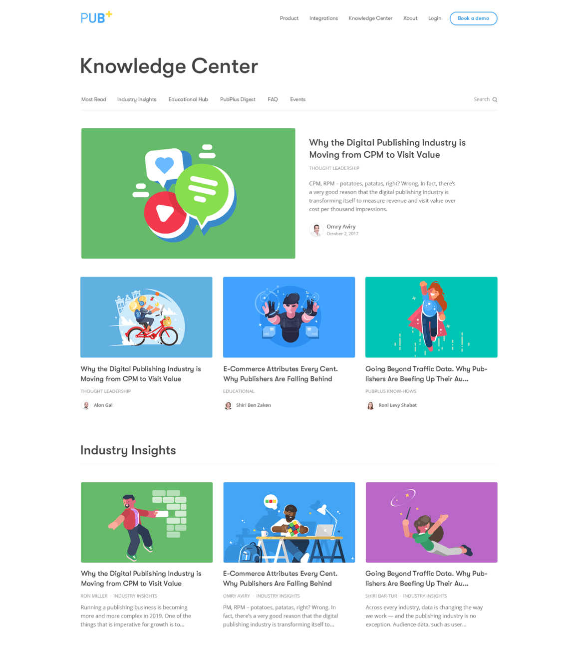 Pub+ Knowledge Center page with illustrated article cards and industry insights