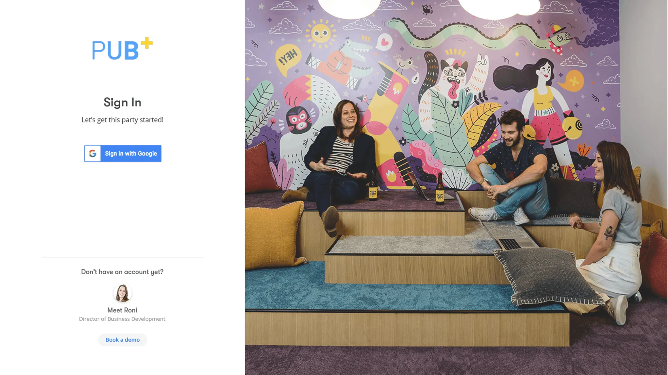 Pub+ sign-in page with Google login beside a photo of the team's mural-covered office