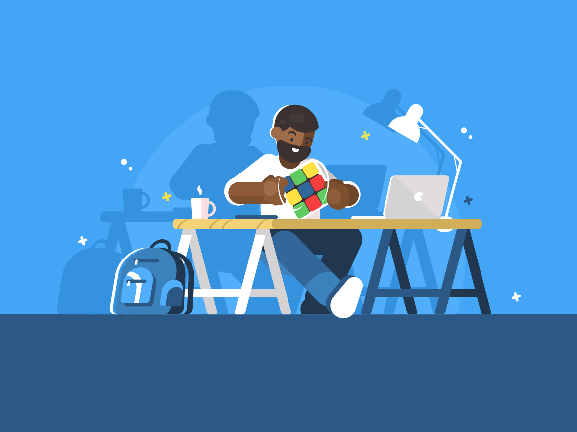 Pub+ brand illustration of a man solving a Rubik's cube at his desk