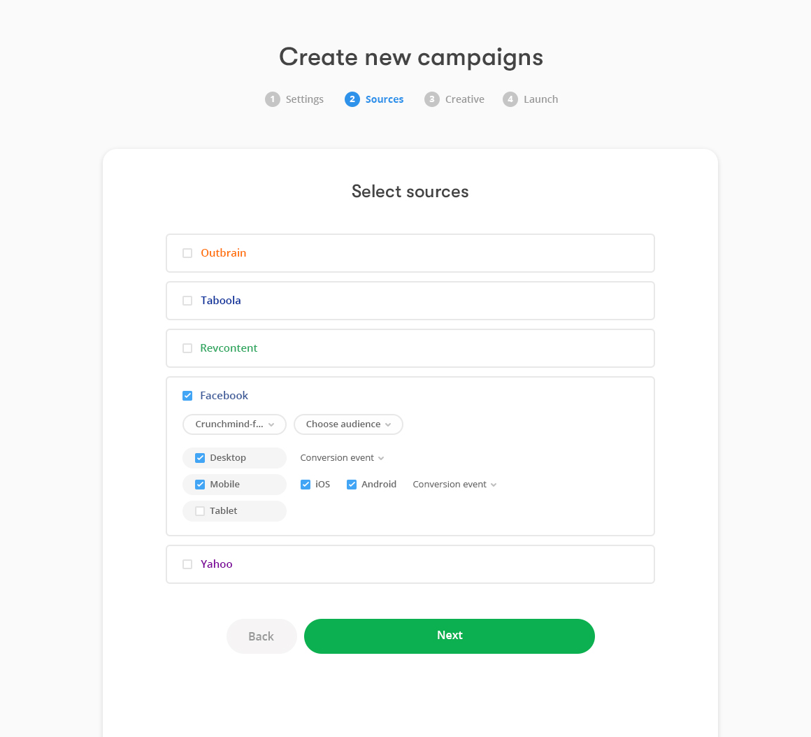 Create campaign flow in Pub+, selecting traffic sources like Facebook, Taboola and Outbrain